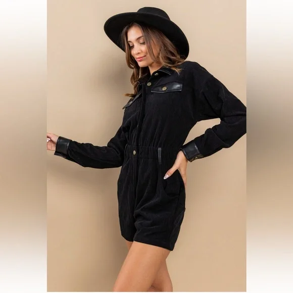 13 Corduroy and PU Mix Elastic Waist Romper - Picture 4 of 6